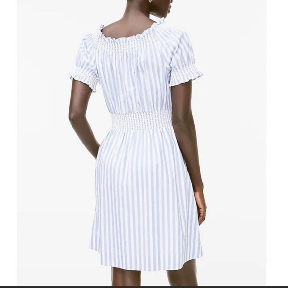 J. Crew Smocked Puff Sleeve Cotton Poplin Dress: Blue White Stripe Nautical - Picture 3 of 14